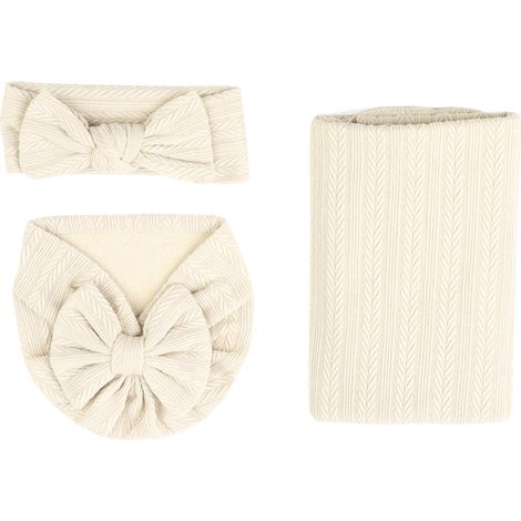 3-teiliges Babydecken-Stirnband-Set aus Baumwolle und Polyester in Weizenoptik mit einfarbigem Stretchanteil, beige (1/5)
