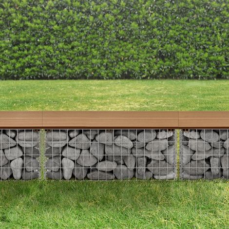 Banc de jardin gabion Friesland 100 x 30 x 45 cm – Marron clair (teck) – Siège WPC robuste – Installation facile sans outils