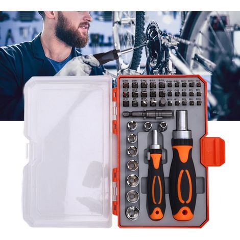 Jeu de tournevis à cliquet 42 en 1, comprenant une clé à cliquet rotative et un coffret de rangement, idéal pour la réparation de vélos et de la maison. (1/5)