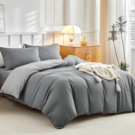 4-teiliges Bettwäsche-Set Mikrofaser Dunkelgrau Doppelbett mit Spannbetttuch 40cm
