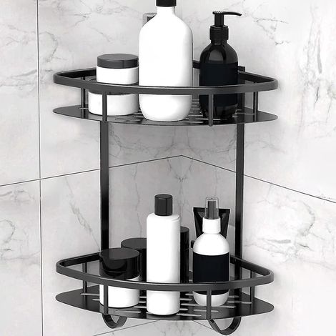 Duschablage ohne Bohren, Duschgelhalter aus Aluminiumlegierung für Badezimmer, Aufbewahrung und Organisation (2 Ebenen, schwarz) (1/5)