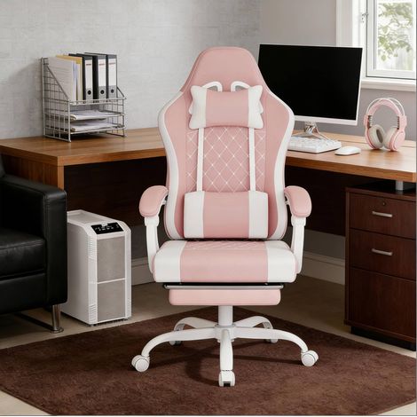 Sedia da ufficio 70x70x127 cm rosa e bianco in tessuto a rete e metallo con massaggio e poggiapiedi (1/5)