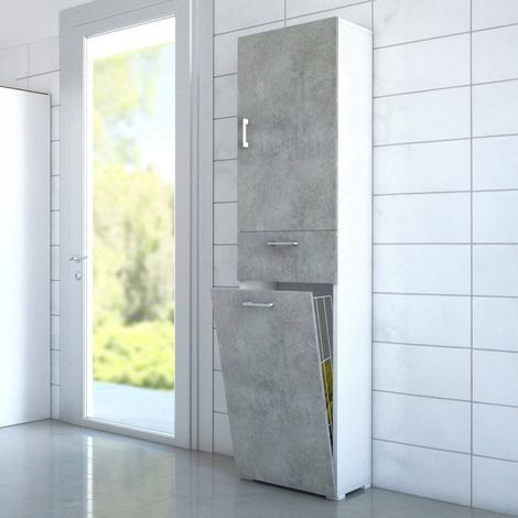 Dmora - Armario multiusos Dcosim, Mueble lavadero lineal con 2 puertas, Columna de baño con cesto de ropa, 100% Made in Italy, 45x32h195 cm, Cemento y Blanco (1/5)