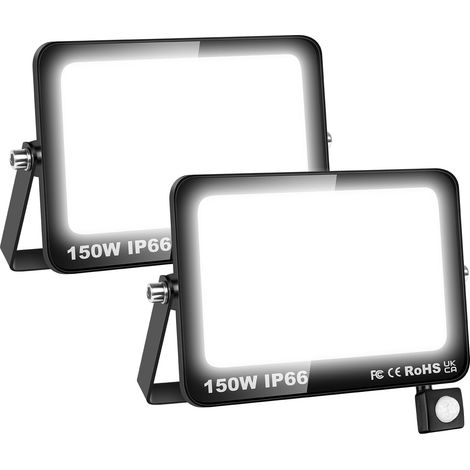 2pcs projecteur extérieur led, détecteur de mouvement pir, 150w 15000lm, ip66, blanc froid 6000k, pour jardin garage cour entrée