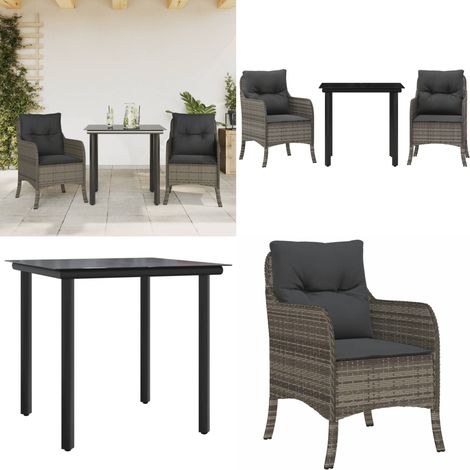 3-tlg. Garten-Essgruppe mit Kissen Grau Poly Rattan - Gartentisch - Gartenstuhl (1/5)