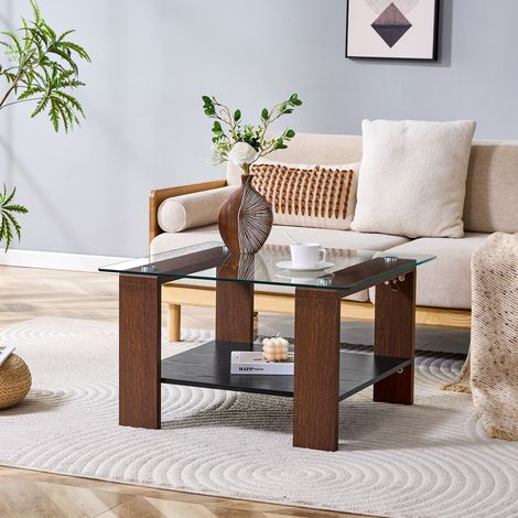 Quadratischer Couchtisch aus Glas, 65 x 65 x 45,5 cm, offene Ablage, Beine aus MDF, vielseitiger Beistelltisch für Wohnzimmer und Sofa, moderner Stil, Walnuss