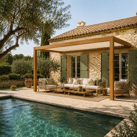 Pergola Bioclimatique Adossée Motorisée Éclairée Aluminium 5x3 Aspect Bois SV ORIAL France (1/5)