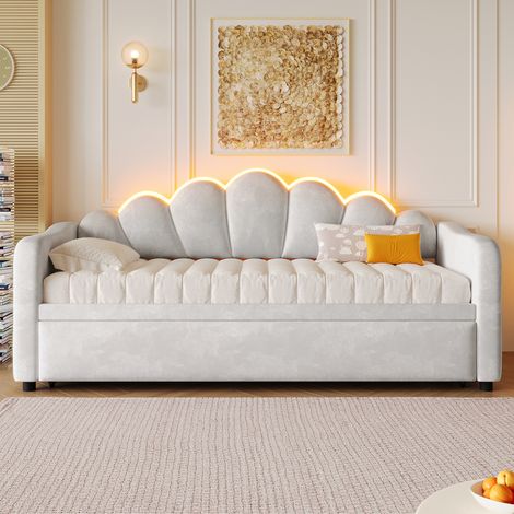Lit banquette 90x200 cm tête coquillage avec lit gigogne LED velours gris clair