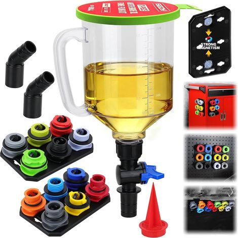 Kit d'entonnoir à huile moteur 18 pièces (capacité 1,5 L) avec 12 adaptateurs, raccord coudé, filtre à tamis et plateau de rangement magnétique (1/5)