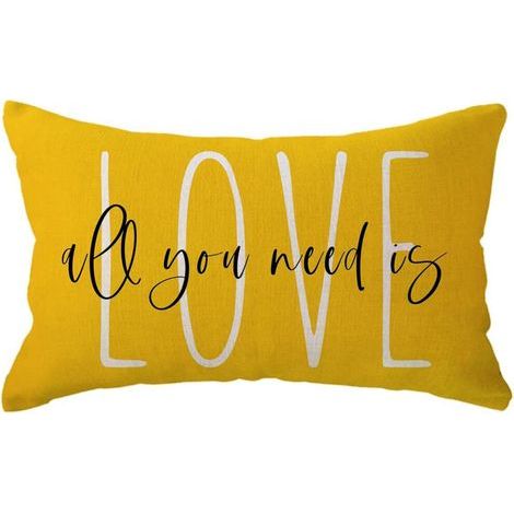 Housse de coussin lombaire décorative « Tout ce dont vous avez besoin, c'est d'amour » 12x20 cm, décoration pour canapé/banc/véranda pour la Saint-Valentin (jaune) (1/5)