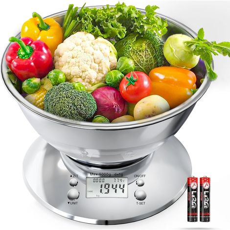 Digitale Küchenwaage mit Gramm- und Unzenanzeige, professionelle Edelstahl-Lebensmittelwaage 5 kg/1 g mit Schüssel für Diäten, Gewichtsabnahme, Backen und Kochen (1/5)