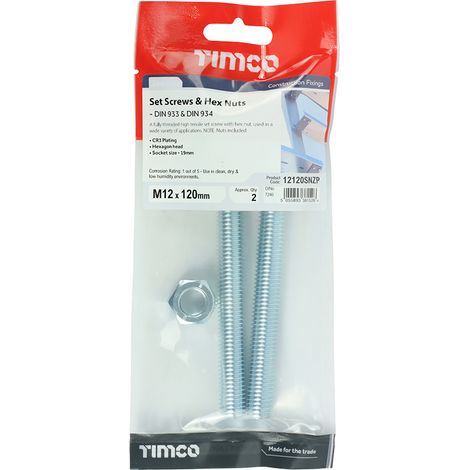 TIMCO Set Screws DIN933 Grade 8.8 & Hex Nut DIN934 Silver - M12 x 120