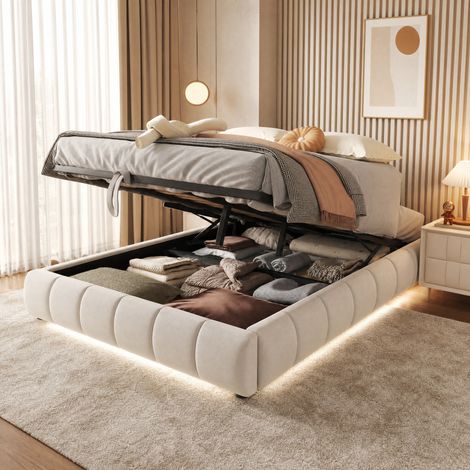 DESMIU Lit coffre 140 × 200 cm 2 places avec LED, rangement hydraulique, sans matelas, en flannelette, beige (1/5)