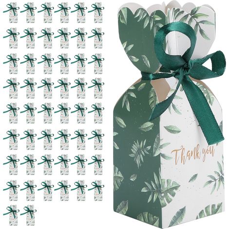 50-teilige Hochzeitsgeschenkboxen mit grünem Band und Blättern, Süßigkeitenverpackungen für Partys und Geburtstagsfeiern (1/5)