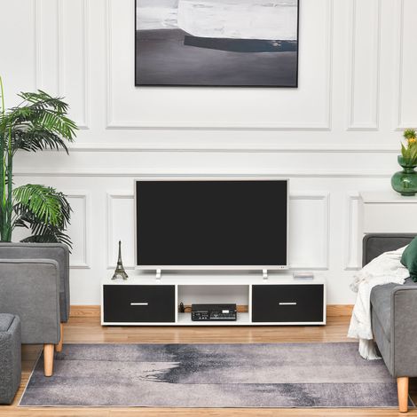 Mobile porta TV HOMCOM per televisori fino a 60", stile moderno, con 2 cassetti e vano a giorno, dimensioni 140x30x32 cm, colore bianco e nero.