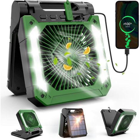 Ventilatore da campeggio da 20000 mAh, ventilatore silenzioso a 5 pale, ricarica solare/USB, ventilatore portatile con luce SOS e gancio per tenda da viaggio