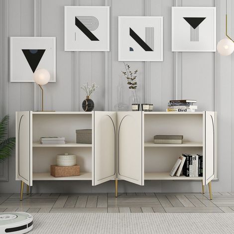 Sideboard Torno, Kommode 2 Fächer, 4 Abteile, 4 Türen, 180x35x80h cm Cremeweiß (1/5)