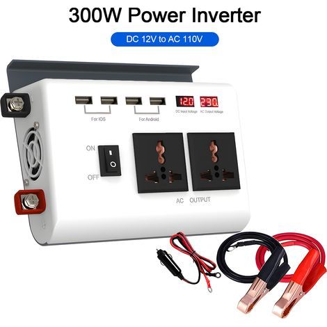 300W DC 12V to AC 110V Car Charger Converter with 4 USB Ports, 8 Safety Protections, Enhanced Sine Wave Converter, Suitable for Mobile Phones, Computers, (1/5)