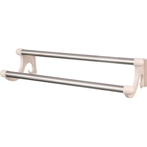 Toallero doble de pared fabricado en acero inoxidable y plástico, barras para toallas sin necesidad de taladrar, 33,5 x 13,5 x 9 cm, beige. (1/5)