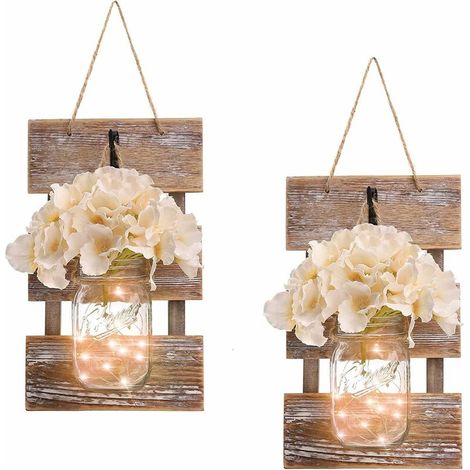 Rustic Wall Sconces - Mason Jars Wall Sconces, Rustic Decor, Wrought Iron Hooks, Silk Hydrangeas and LED Strips, Home Decor with 6 Hour Timer (Set of 2) (1/5)