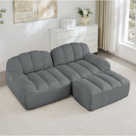 Divano modulare angolare in fleece granulato grigio con ottomana, design senza struttura, senza montaggio (1/5)