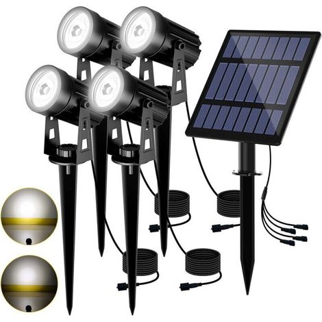 4-teiliges Solar-Strahler-Set, wasserdichte 6000K LED-Solarstrahler mit 12 m Kabel für Terrasse, Garten, Wege, Bäume