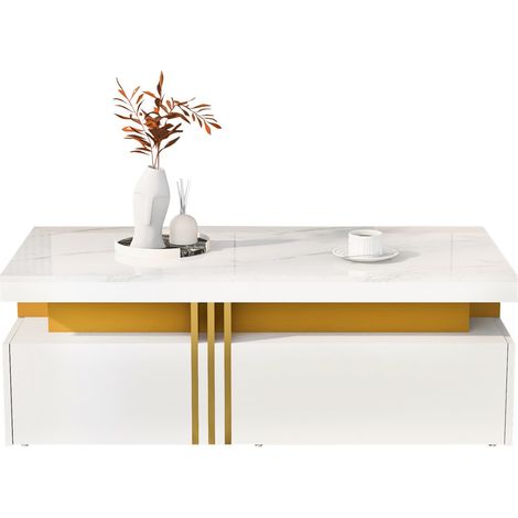 Table basse rectangulaire moderne 2 tiroirs - Plateau Modèle de marbre brillant - Bois - Salon 100x50x40 cm (1/5)