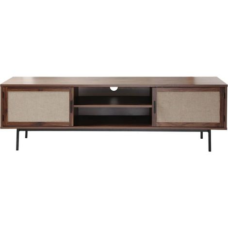 Calicosy – Meuble TV décor noyer 140 cm – Façades en tissu beige – Poignées et pieds en métal noir – Largeur 39,5 cm – Hauteur 45 cm