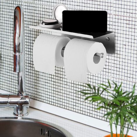 Porte-papier toilette double en acier inoxydable avec étagère de rangement pour téléphone portable (1/5)
