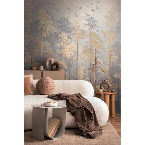 papier peint panoramique intissé à motif de forêt en beige, bleu, jaune – papier peint panoramique mural vintage 8,80 m x 0,53 m collection COSMOPOLITAN – 791447 (1/5)