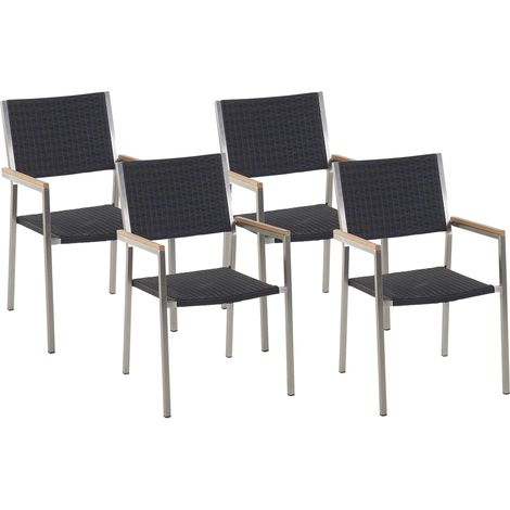 Conjunto de 4 sillas de jardín negro plateado asiento de ratán sintético patas de acero inoxidable apilable moderno comedor exterior Grosseto (1/5)