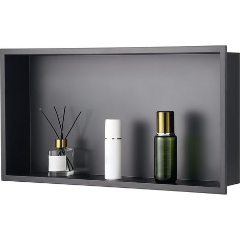 Niche Douche Encastrable, 10,2x33x63,5 cm, Niche Murale Acier Inoxydable, Étagère de Salle de Bain Moderne Étanche, Facile à Nettoyer, pour Stockage Savon Shampoing Douche Salle de Bains, Noir (1/5)