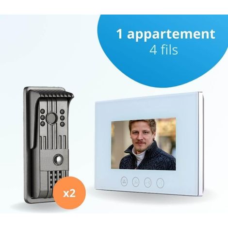 Portier interphone vidéo PILI 4 Fils pour 2 entrées - 1 appartement - 2 platines - 1 écran blanc 7" - avec mémoire photos