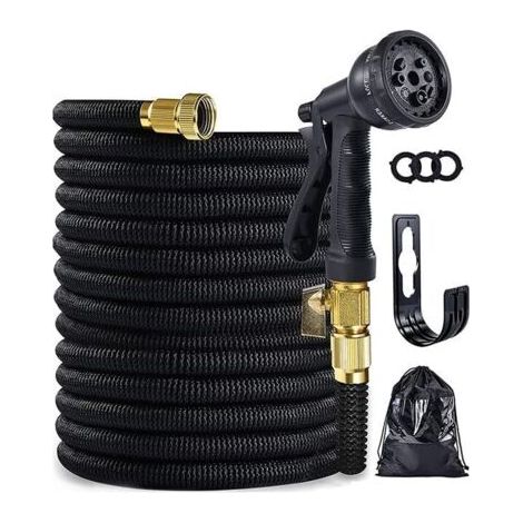 Tuyau d'arrosage extensible et flexible de 15.2 m avec buse de pulvérisation et support, tuyau d'arrosage rétractable, tuyau d'arrosage étanche, raccord en laiton massif de 1.9 cm (noir) (1/5)