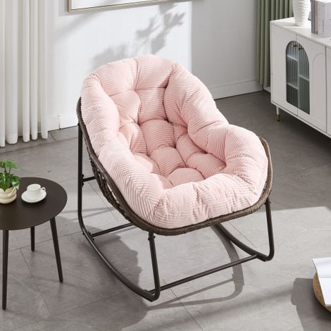Mecedora de jardín en ratán sintético con cojín rosa, marco de acero, para jardín, terraza, porche y salón (1/5)
