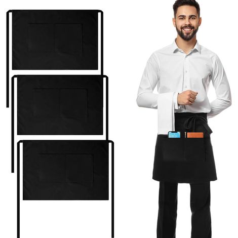 Tablier Court de Serveur Taille Basse Femme en Polyester Homme Etanche avec 2 Poches pour Café Restauration Chef Bar Cuisine Jardinage Noir 63 X 42 CM (1/5)