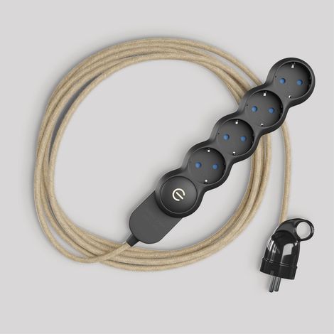 creative cables -  Multipresa tedesca con cavo in juta di colore neutro e spina Schuko con anello comfort