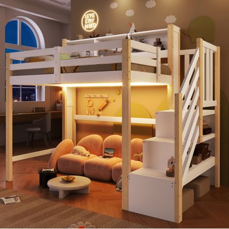 Hochbett 90x200 cm mit LED, Stauraum, weiß und natur, OKMYHOME (1/5)
