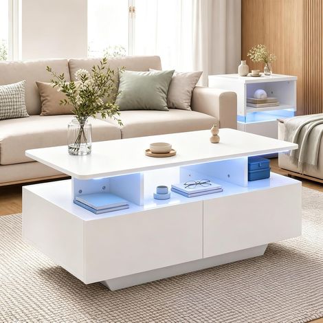 COSTWAY Table Basse LED avec Éclairage, Blanc Mat (1/5)