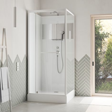 Cabina Doccia 90x90cm Porta Battente - Bianca con Striscia Specchio - SQUARE STRIPE