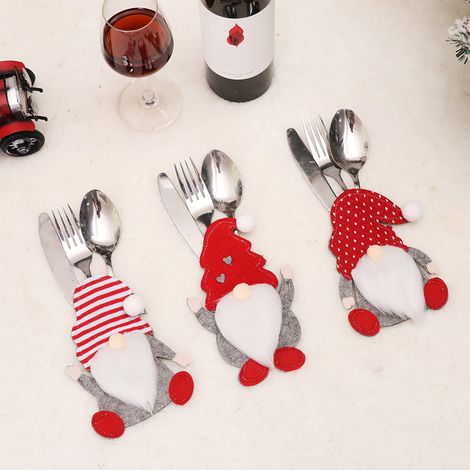 Supports-à-Couverts-Gnome-Noël - Tissu Non-Tissé - Pour Fourchettes - Décoration de Table de Fêtes - Lot de 6 (1/5)