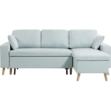 Usinestreet – Canapé d'angle réversible convertible 223x148 cm – Coffre de rangement – Dossier coussins – Pieds en bois – Bleu clair (1/10)