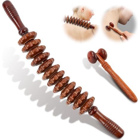 Rullo massaggiante in legno, set di 2 strumenti per massaggio in legno, massaggiatore anticellulite e drenaggio linfatico, kit per massaggio manuale in legno per viso, gambe, schiena e corpo. (1/5)