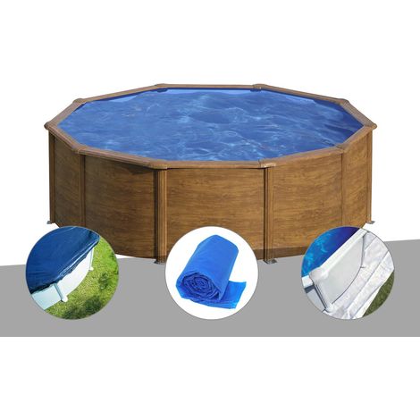 Kit piscine acier aspect bois Gré Sicilia ronde 4,80 x 1,22 m + Bâche hiver + Bâche à bulles + Tapis de sol
