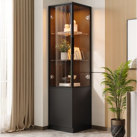 MODFU – Vitrina esquinera 40x40x160 cm de aglomerado con frente de vidrio y LED por app, carga 50 kg – Negro (1/5)