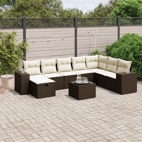 Ensemble Salon de Jardin 9 Pièces en Résine Tressée Marron avec Table Verre Trempé et Coussins Blanc Crème (1/4)