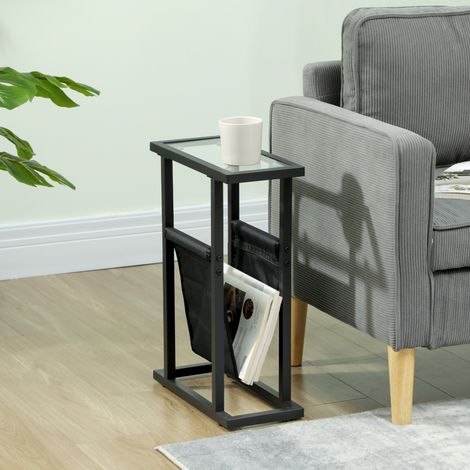 Mesa auxiliar 40x18x55.5 cm negra de vidrio con estructura metálica y bolsa de tela (1/5)
