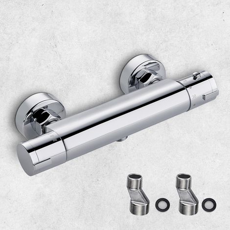 Robinet douche thermostatique – Mitigeur chromé avec bouton sécurité 38°C, anti-brûlure, installation murale pour baignoire (1/5)