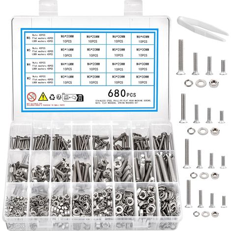 680 pièces, M3 M4 M5 M6 Vis tête fraisée, écrous et rondelles, ensemble de vis à tête plate, lot de vis de machine, Assortiment de vis cruciformes pour fixation de machines(680)