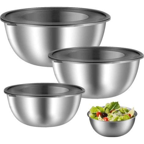 Bol À Mélanger - Acier Inoxydable - 2.1 L + 1.2 L + 0.7 L - Empilable Avec Couvercle - Cul De Poule Cuisine Pâtisserie Stockage - 3 Pièces